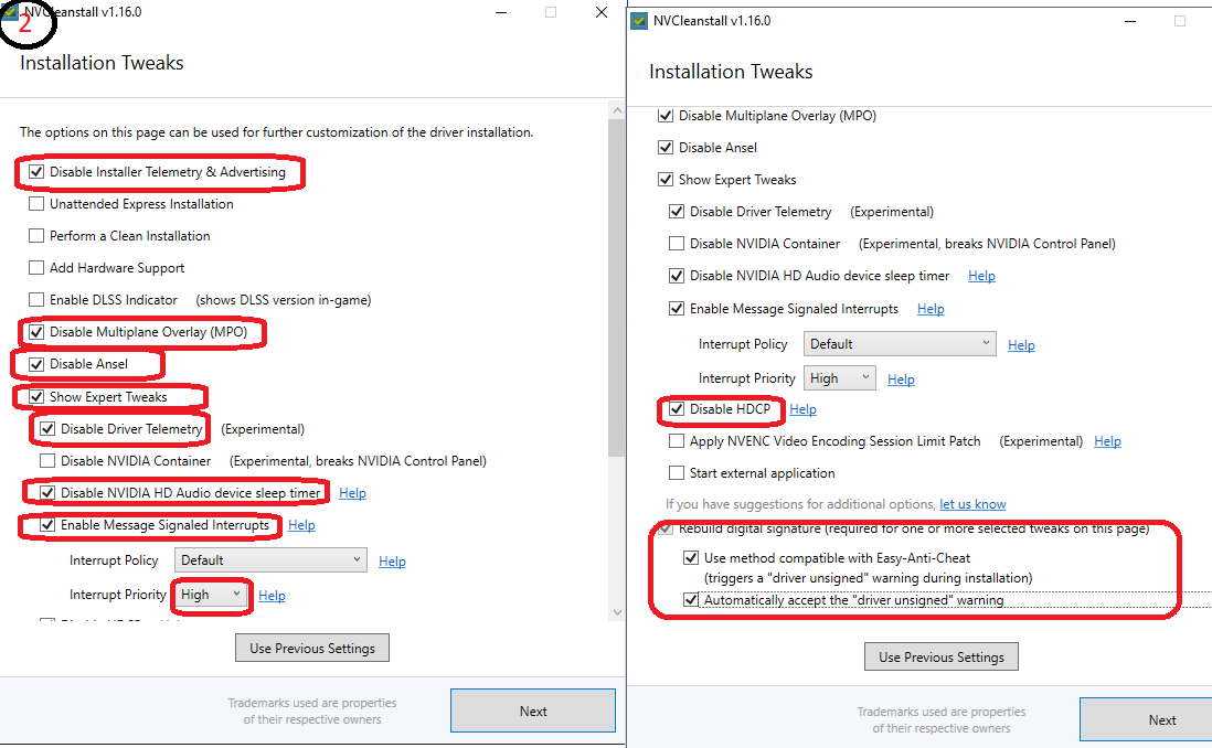 Paramètres NvCleanInstall recommandés