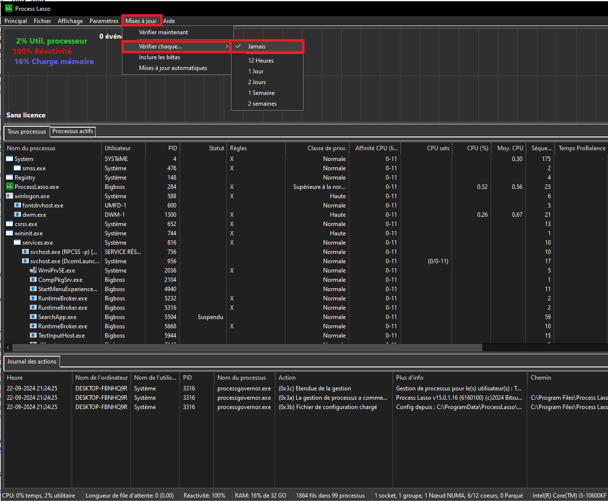 Process Lasso mise à jour désactivée