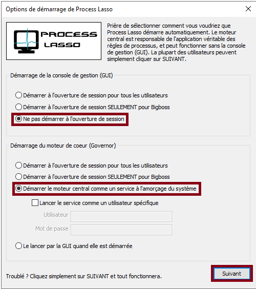 Configuration démarrage Process Lasso