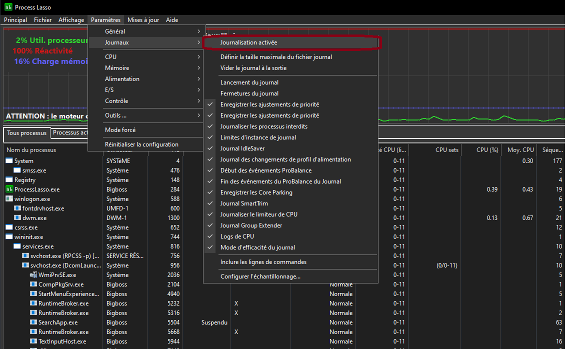 Désactivation journaux Process Lasso