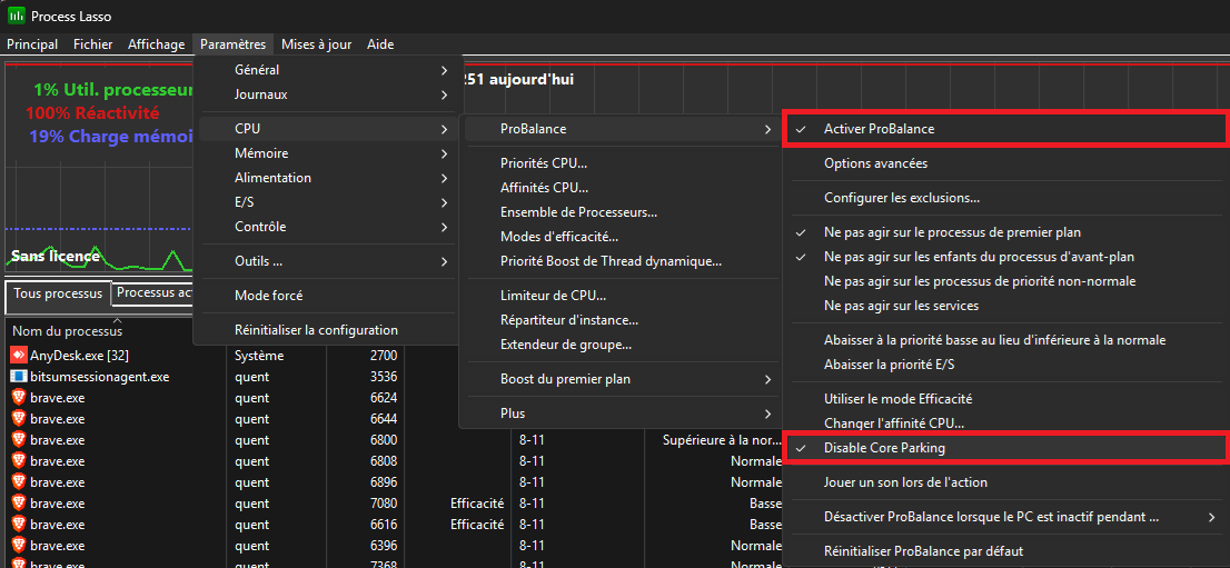 Activation ProBalance et Disable Core Parking