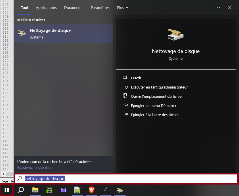 Recherche de Nettoyage de disque Windows