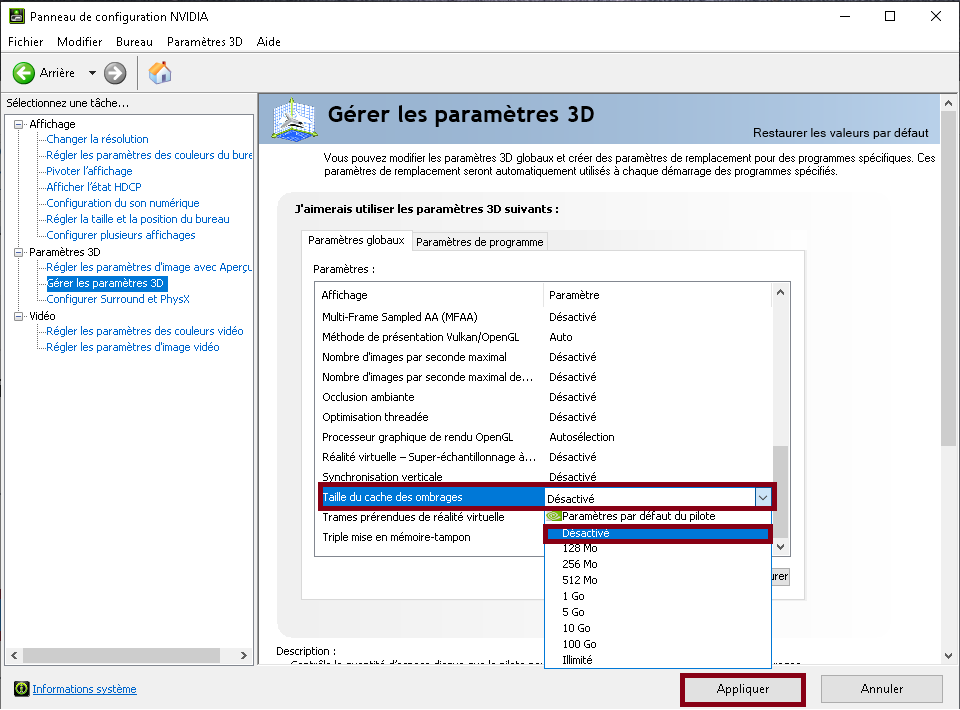 Paramètres du cache Nvidia
