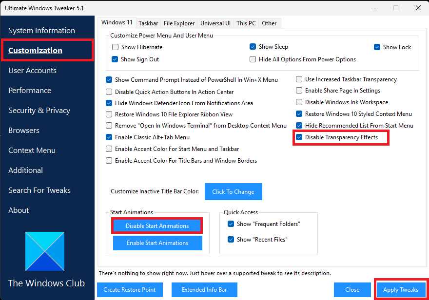 Paramètres de la section Customization dans UWT