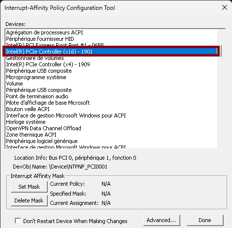 Capture d'écran de la configuration du port PCI-E