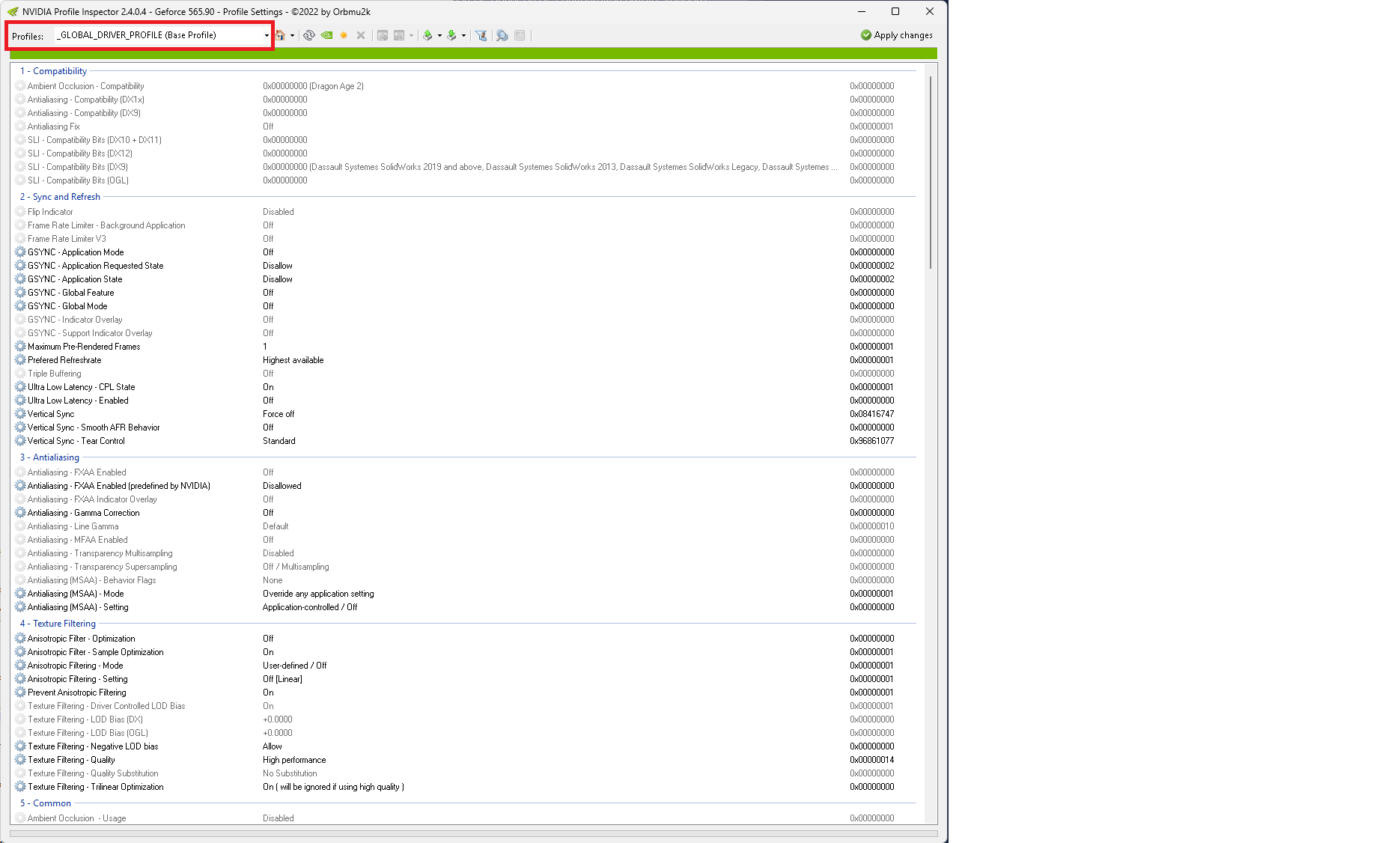 Interface NvidiaProfileInspector - profil global