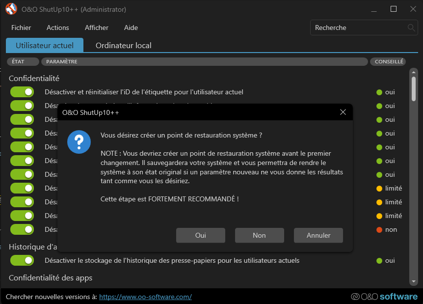 Création d’un point de restauration