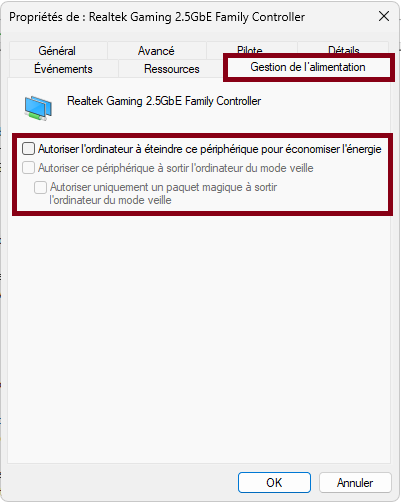 Désactivation des options de gestion de l'alimentation