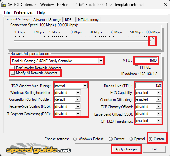 Paramètres de connexion TCPOptimizer