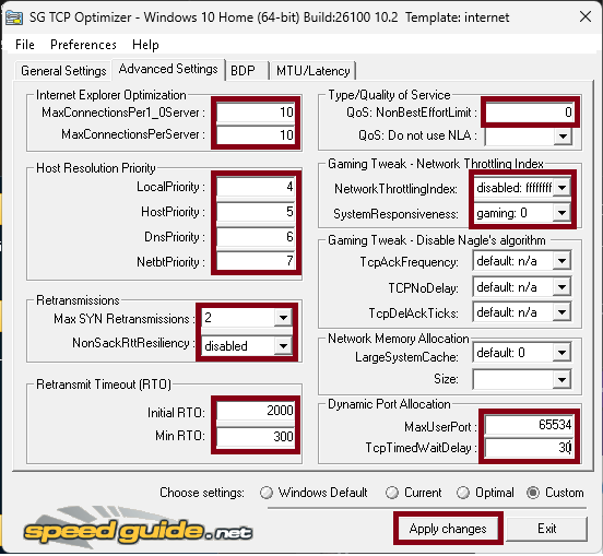 Paramètres avancés dans TCPOptimizer