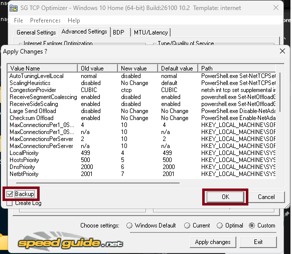 Appliquer les changements dans TCPOptimizer