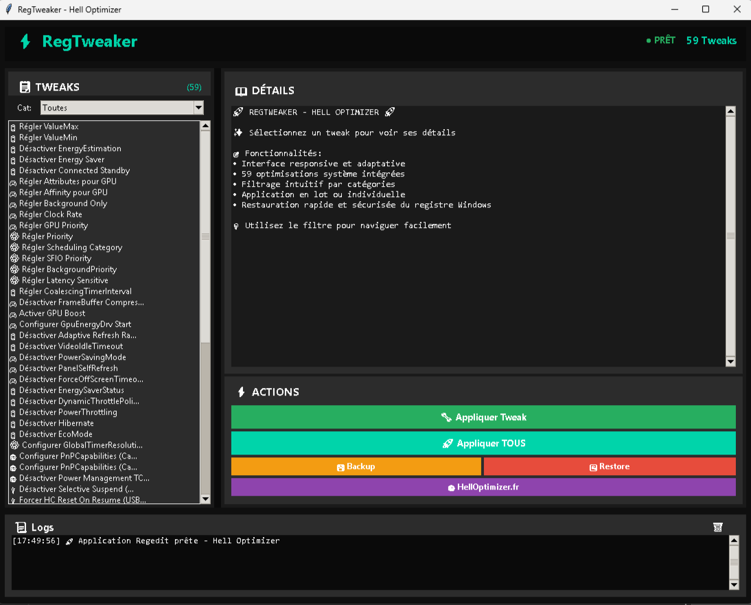 Interface utilisateur claire et simple du logiciel RegTweaker